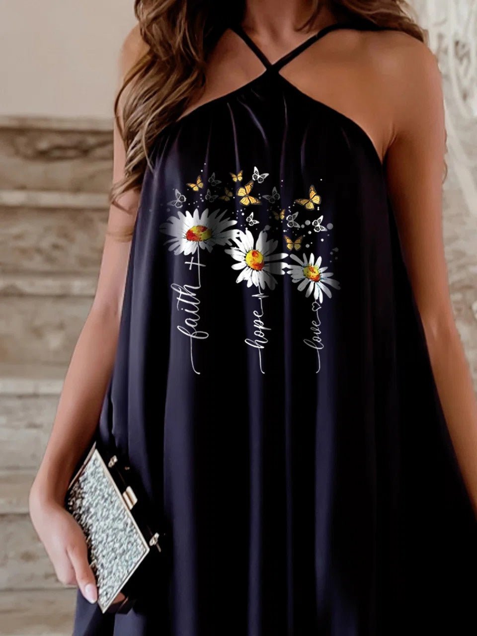 Halter Print Off Shoulder Sleeveless Dress