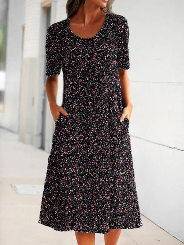 Crew Printed Neck Short Sleeve Pocket Dress