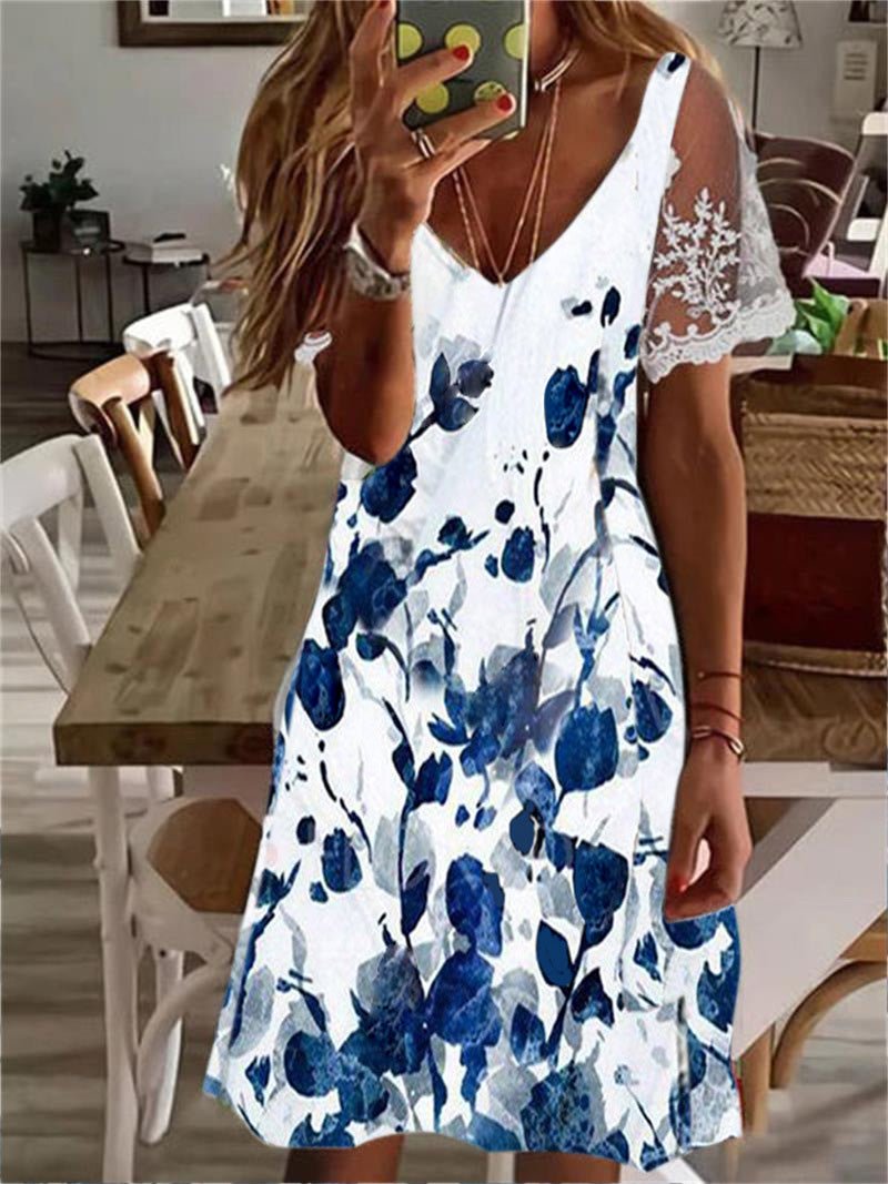 V Printed Neck Lace Sleeve Dress