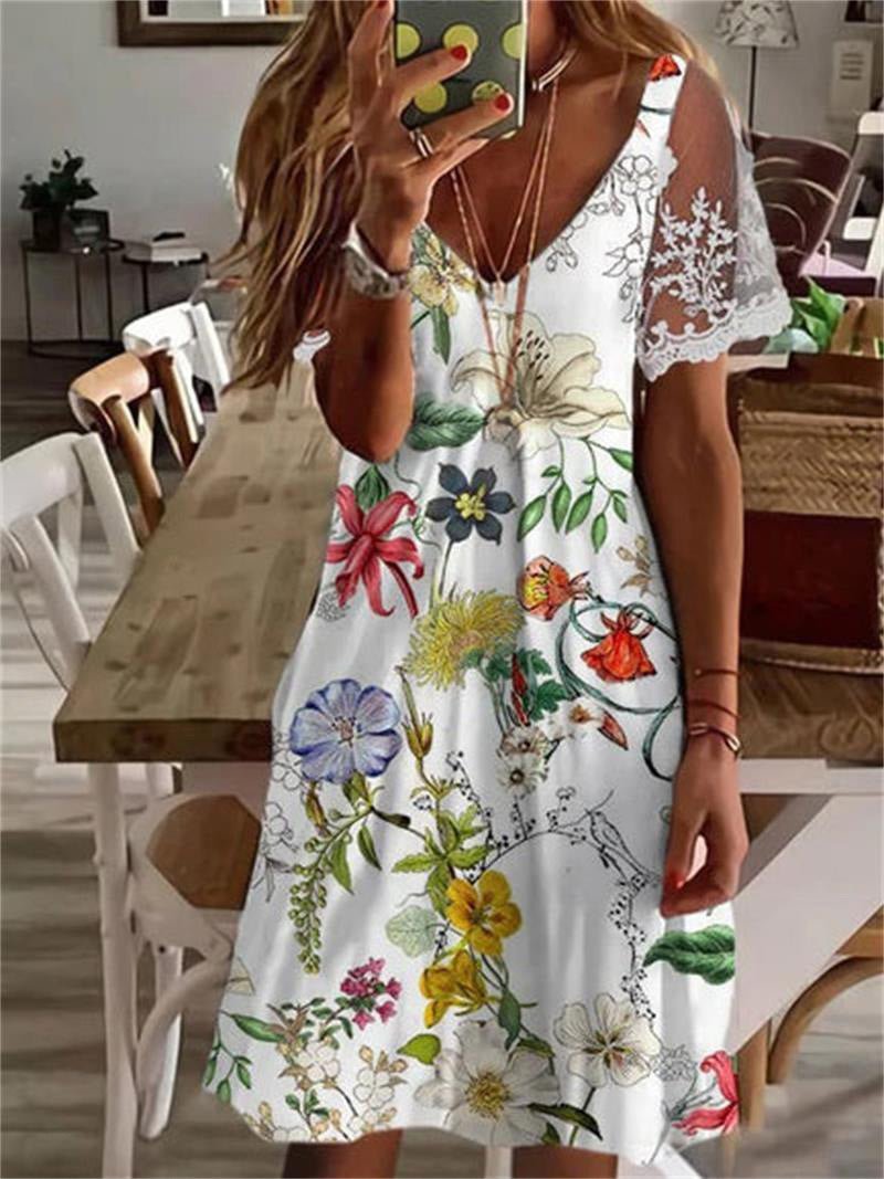V Printed Neck Lace Sleeve Dress