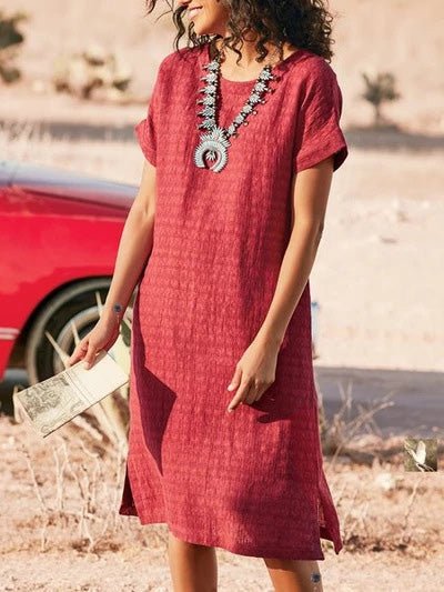Neck Round Short Sleeve Slit Dress