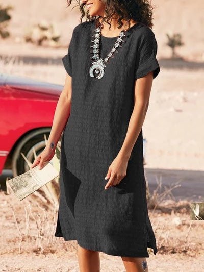 Neck Round Short Sleeve Slit Dress