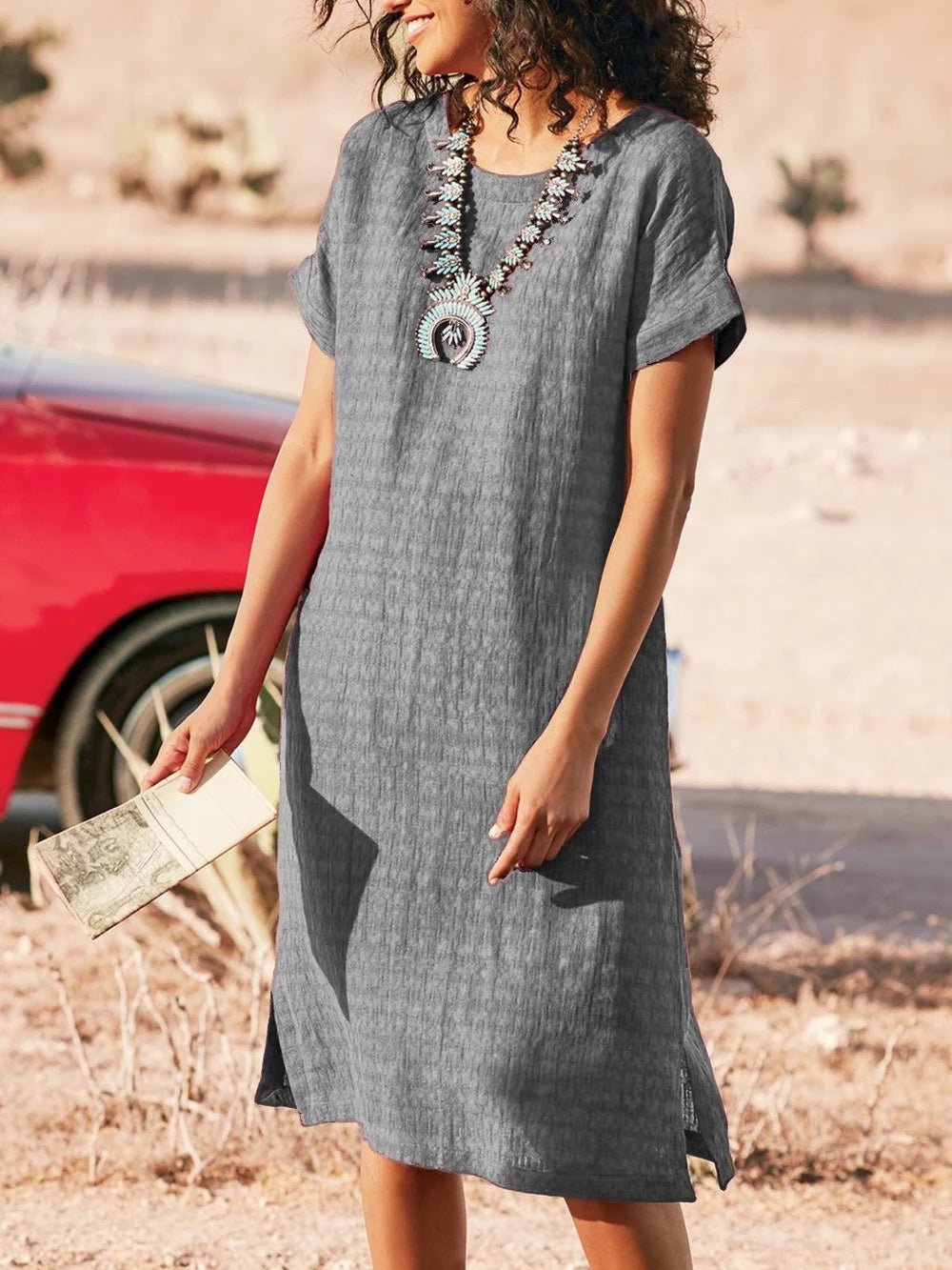 Neck Round Short Sleeve Slit Dress