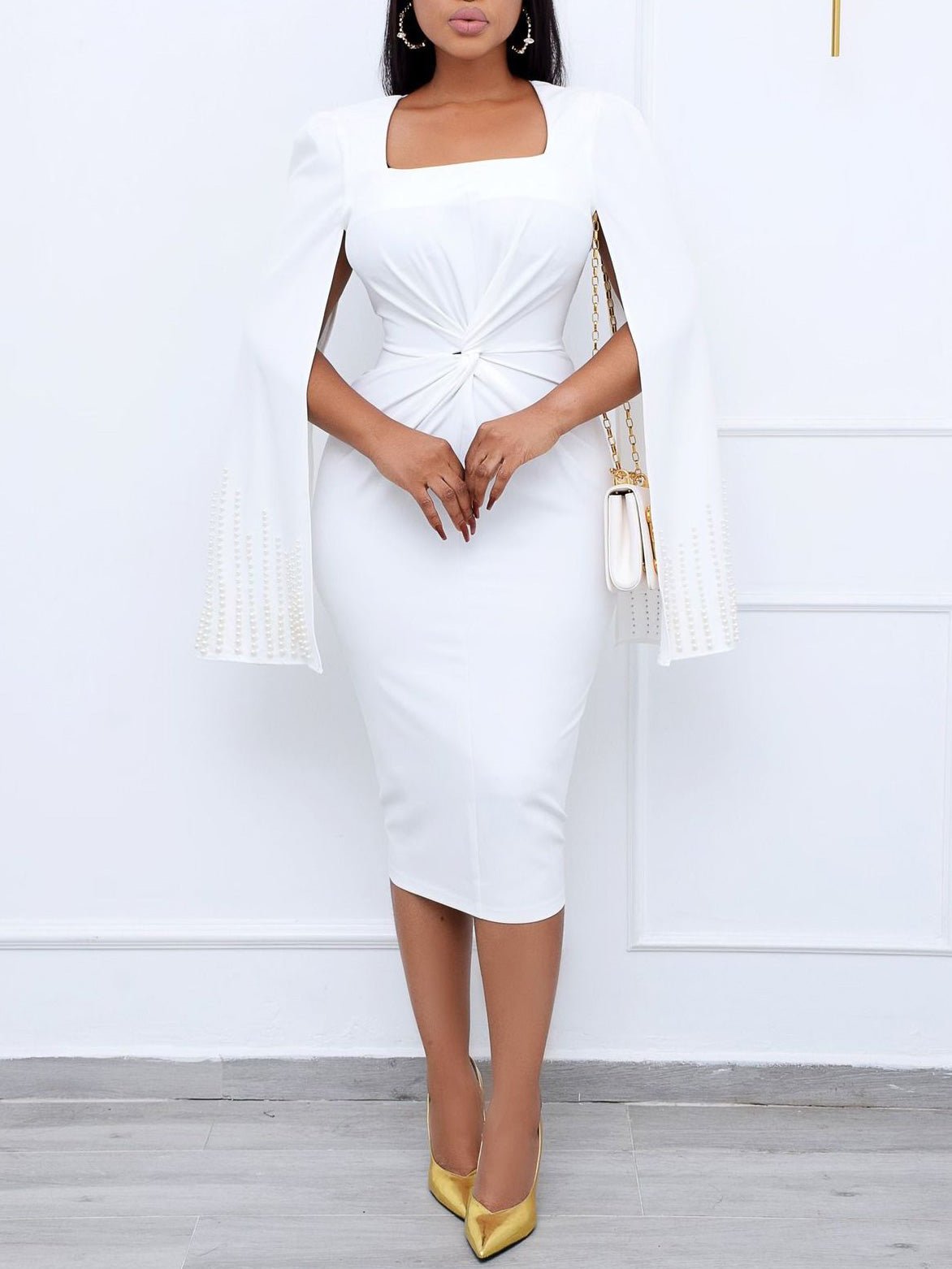 Neck Square Beaded Cape Twist Slim Dress