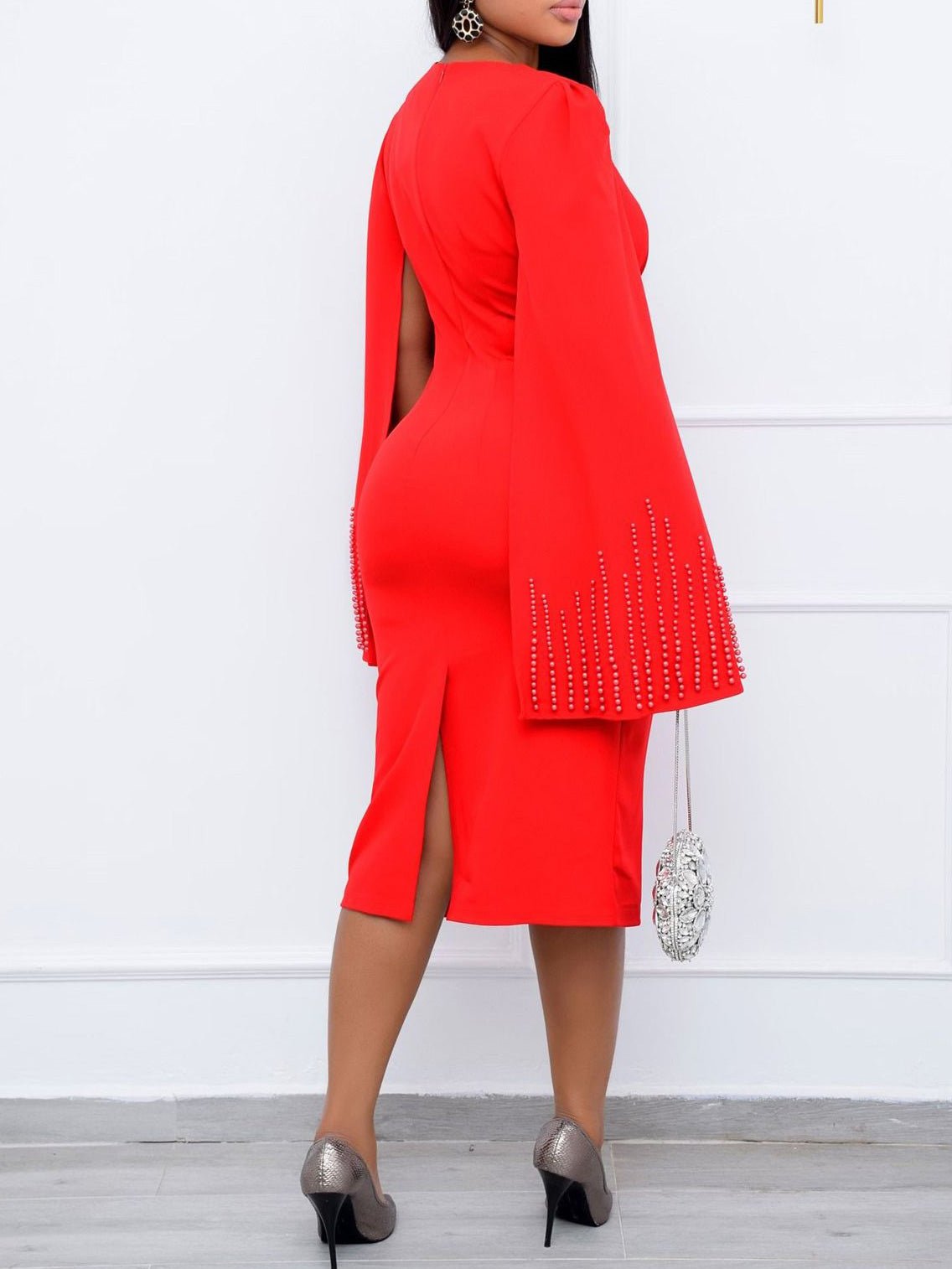 Neck Square Beaded Cape Twist Slim Dress