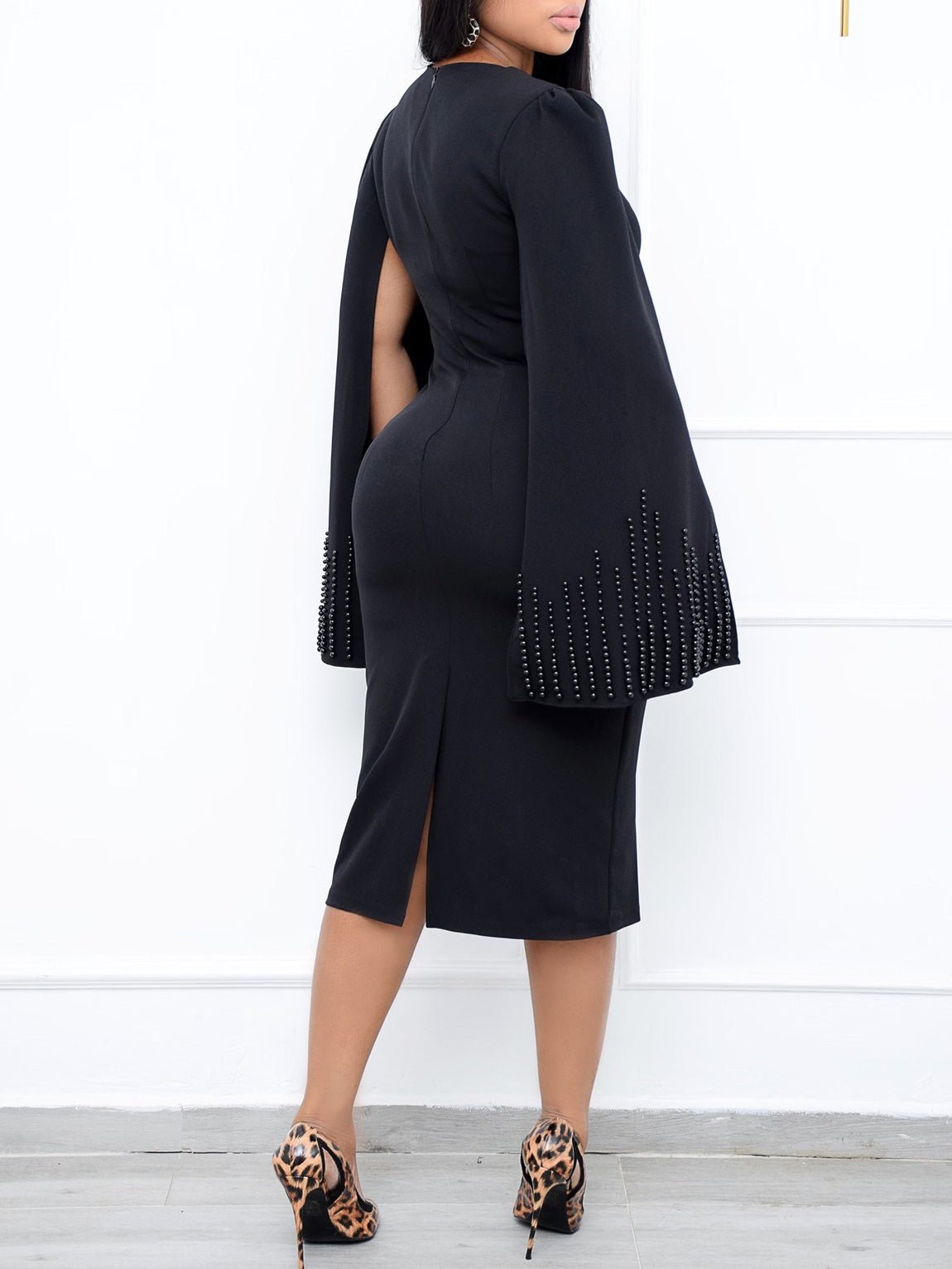 Neck Square Beaded Cape Twist Slim Dress