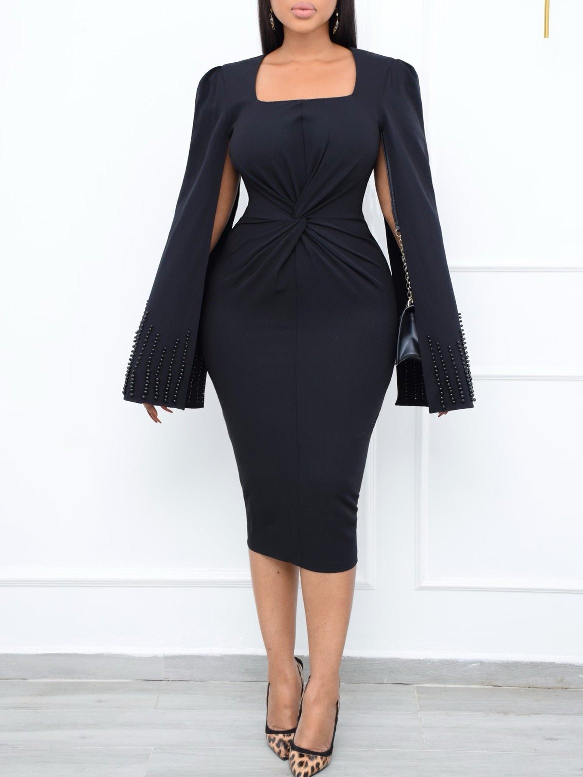 Neck Square Beaded Cape Twist Slim Dress
