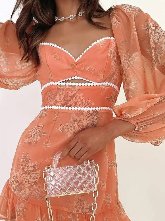 Neck Square Cutout Long Sleeve Ruffle Dress