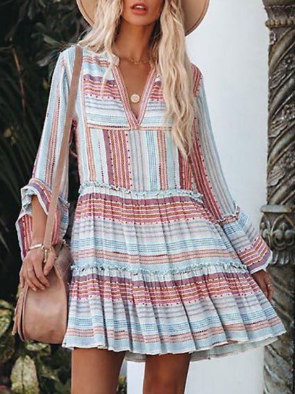 Print Striped V Neck Long Sleeve Dress