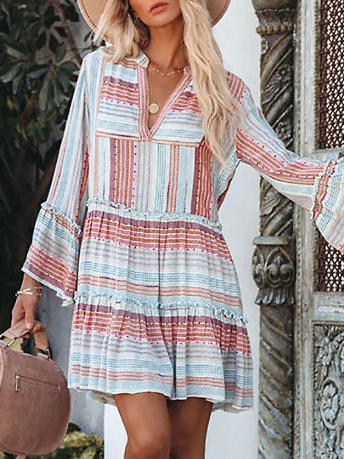 Print Striped V Neck Long Sleeve Dress