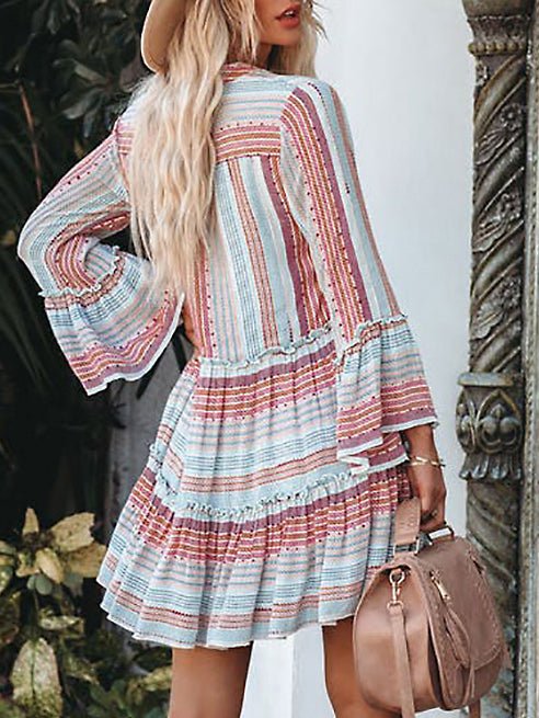 Print Striped V Neck Long Sleeve Dress