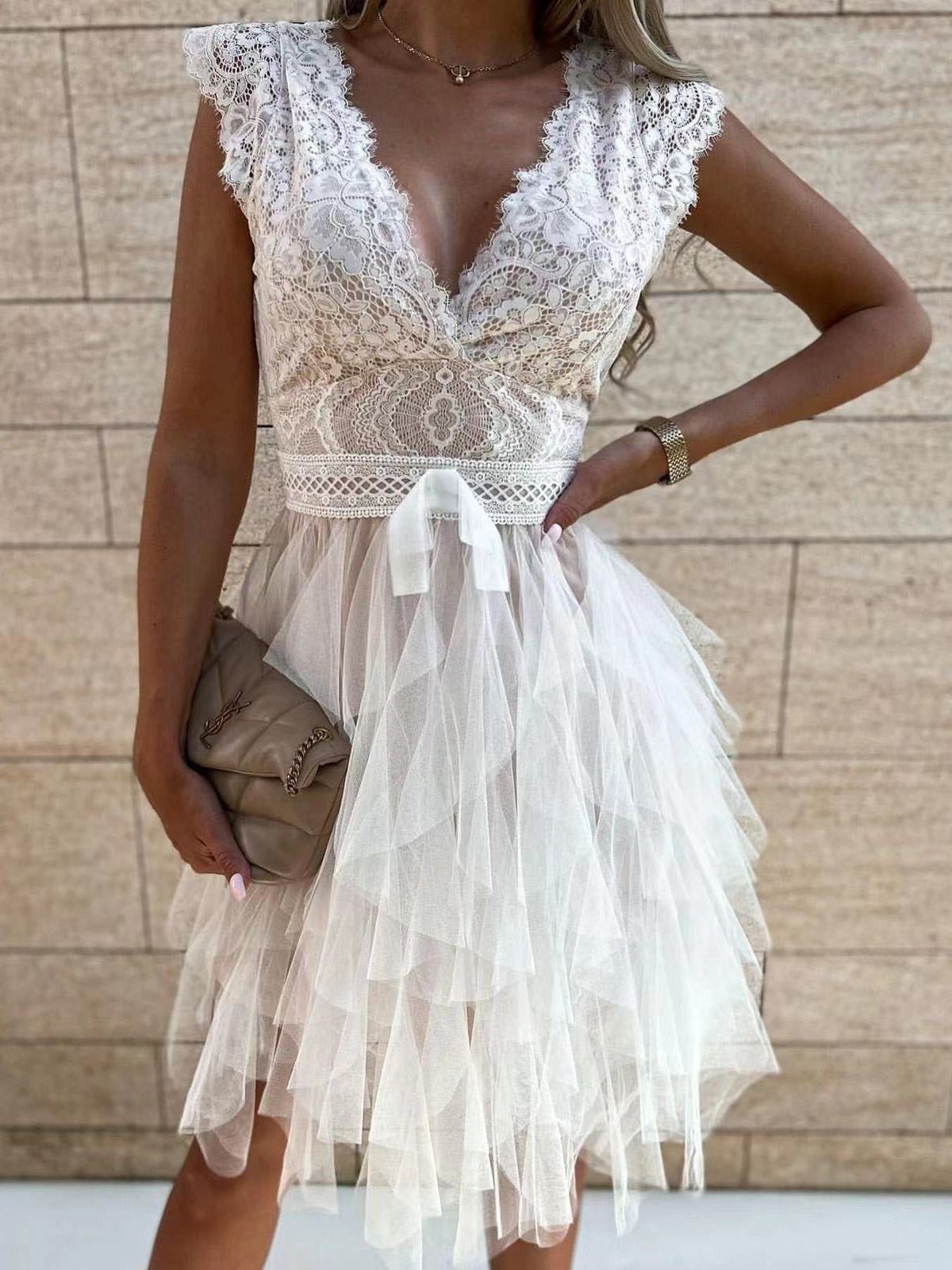 Neck V Lace Mesh Irregular Dress