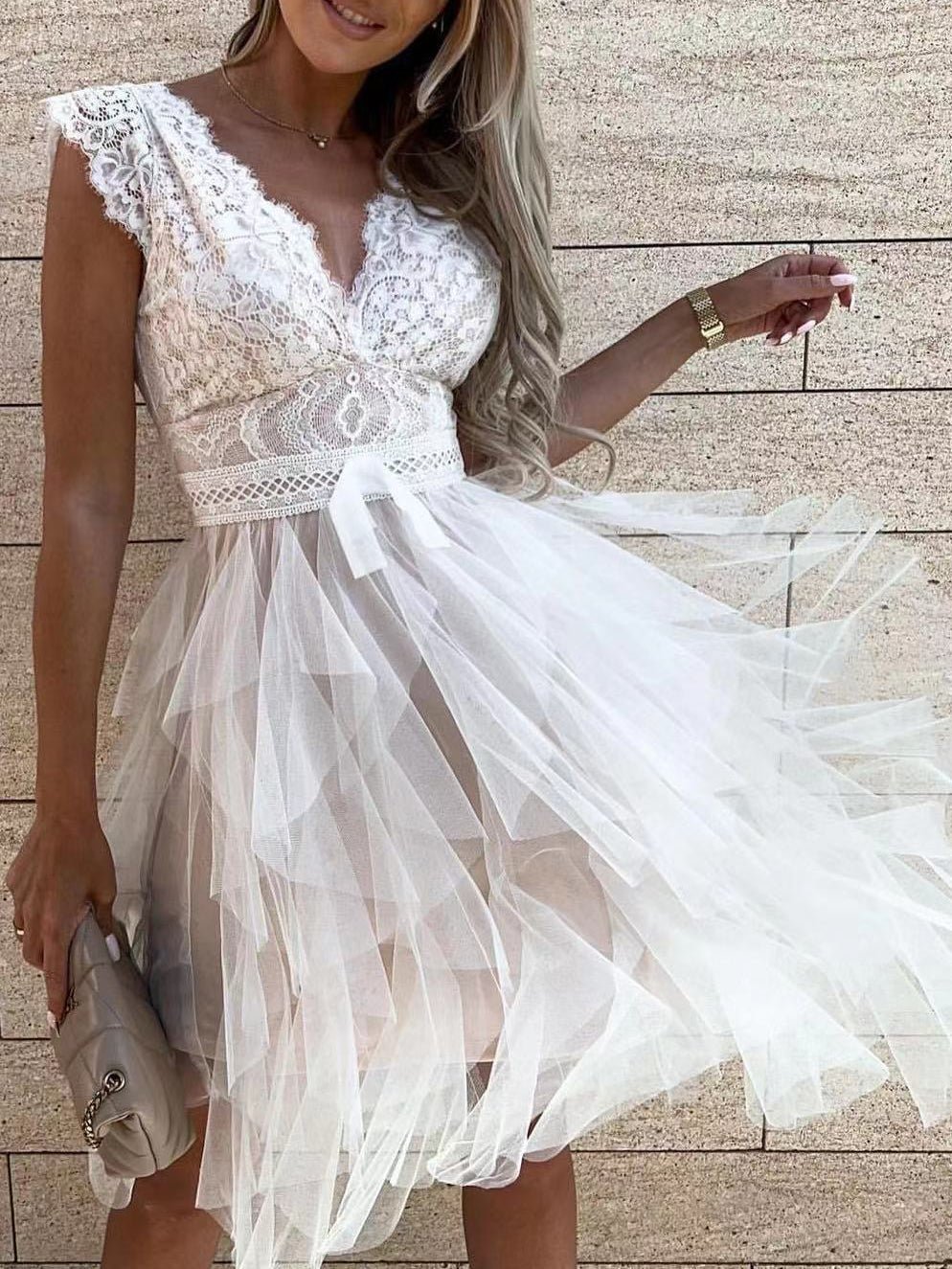 Neck V Lace Mesh Irregular Dress