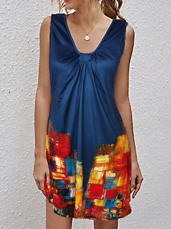 V Neck Printed Sleeveless Laidback Dress