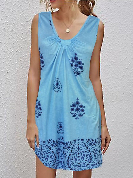 V Neck Printed Sleeveless Laidback Dress