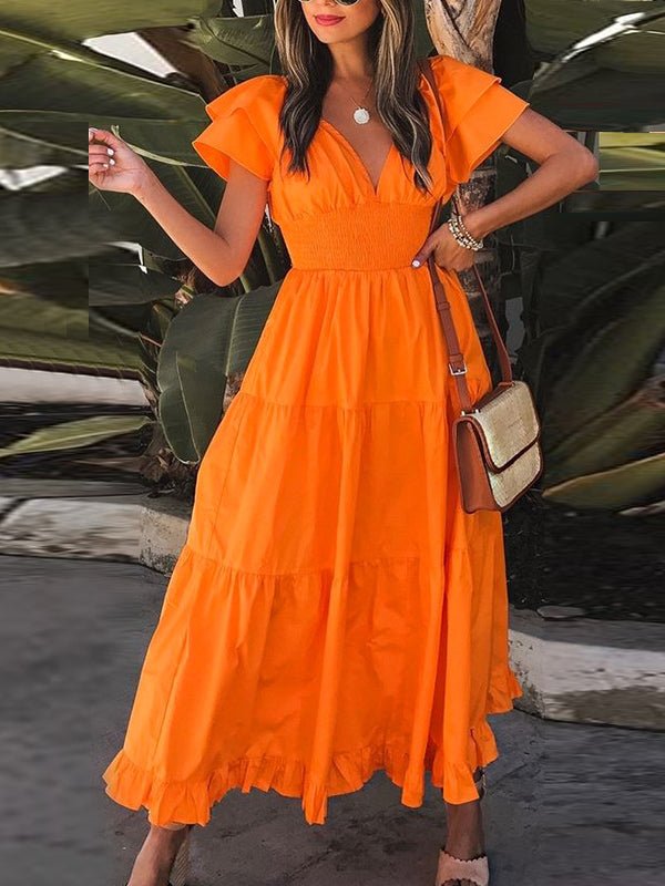V Neck Short Sleeve Ruffle Dress