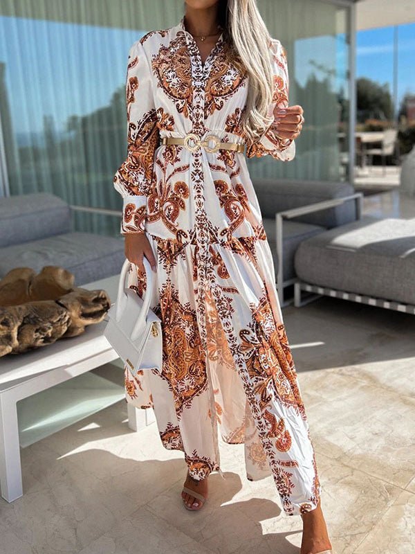 Timeless Print Long Sleeve Slit Dress