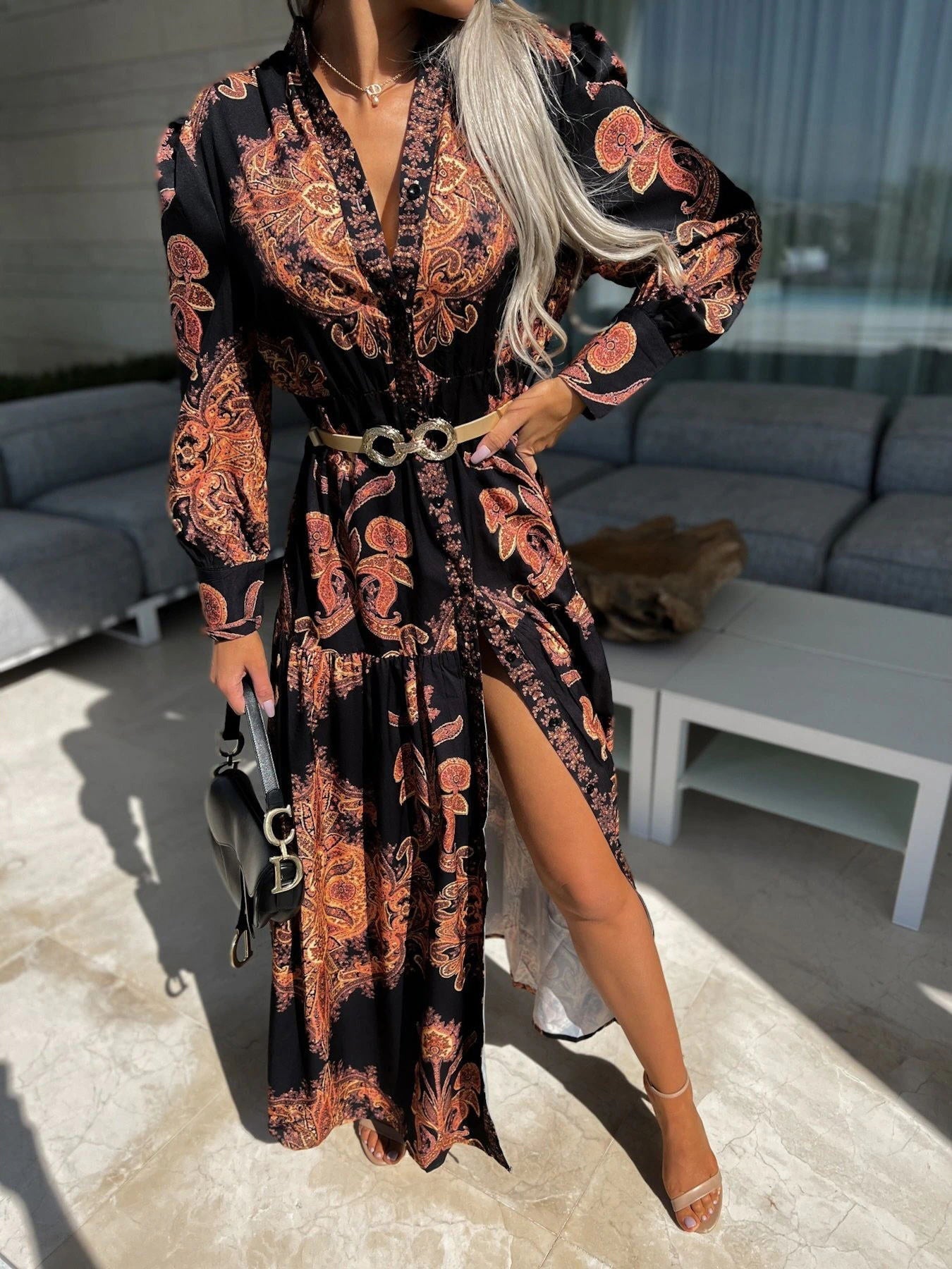 Timeless Print Long Sleeve Slit Dress