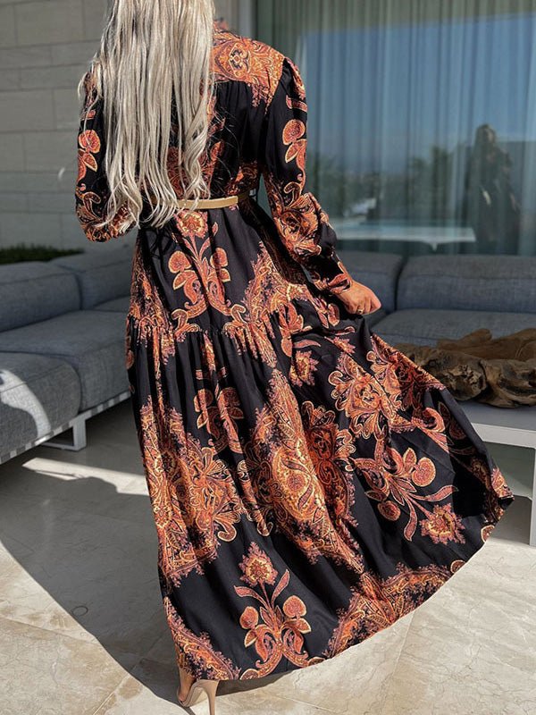 Timeless Print Long Sleeve Slit Dress