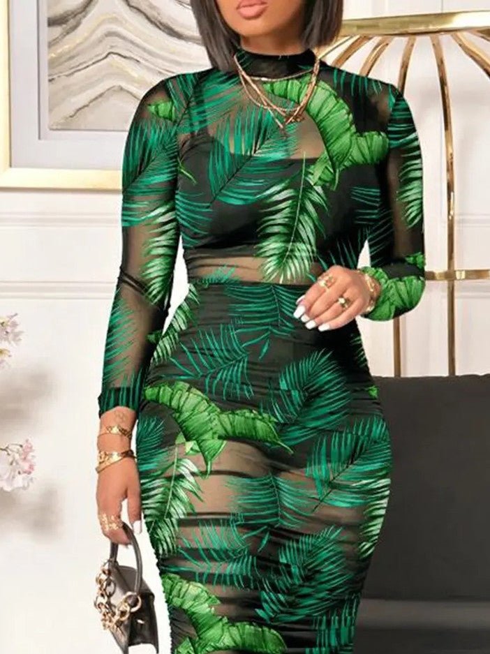 Timeless Print Mesh Long Sleeve Three Piece Dress