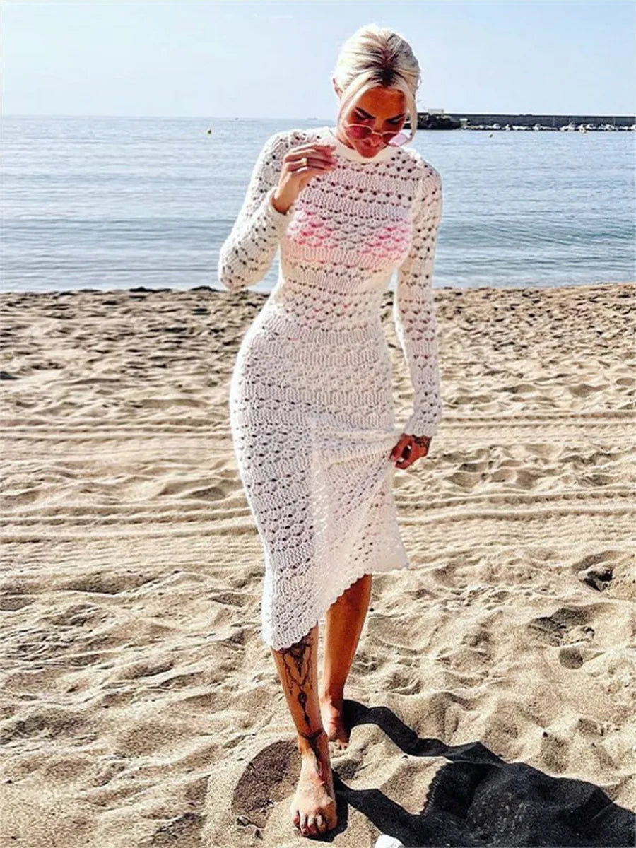 2024 Backless Tie Up Knit Crochet HollowOut Beach Maxi Dress