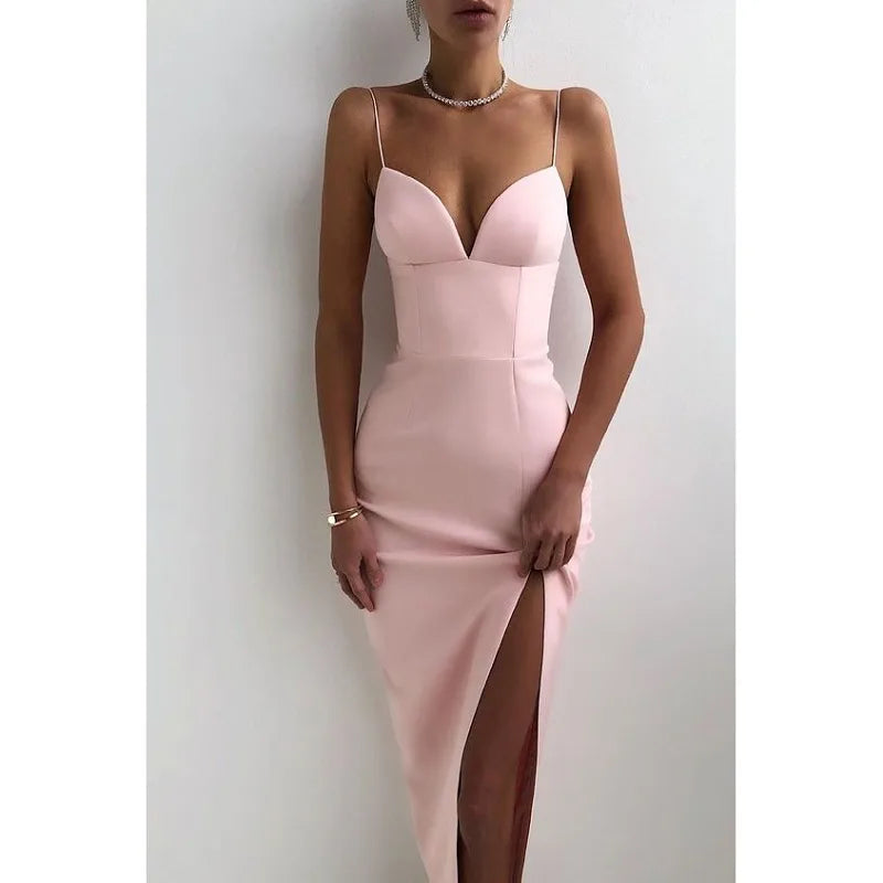 Graceful High Slit Bodycon Spaghetti Straps Corset Midi Dress