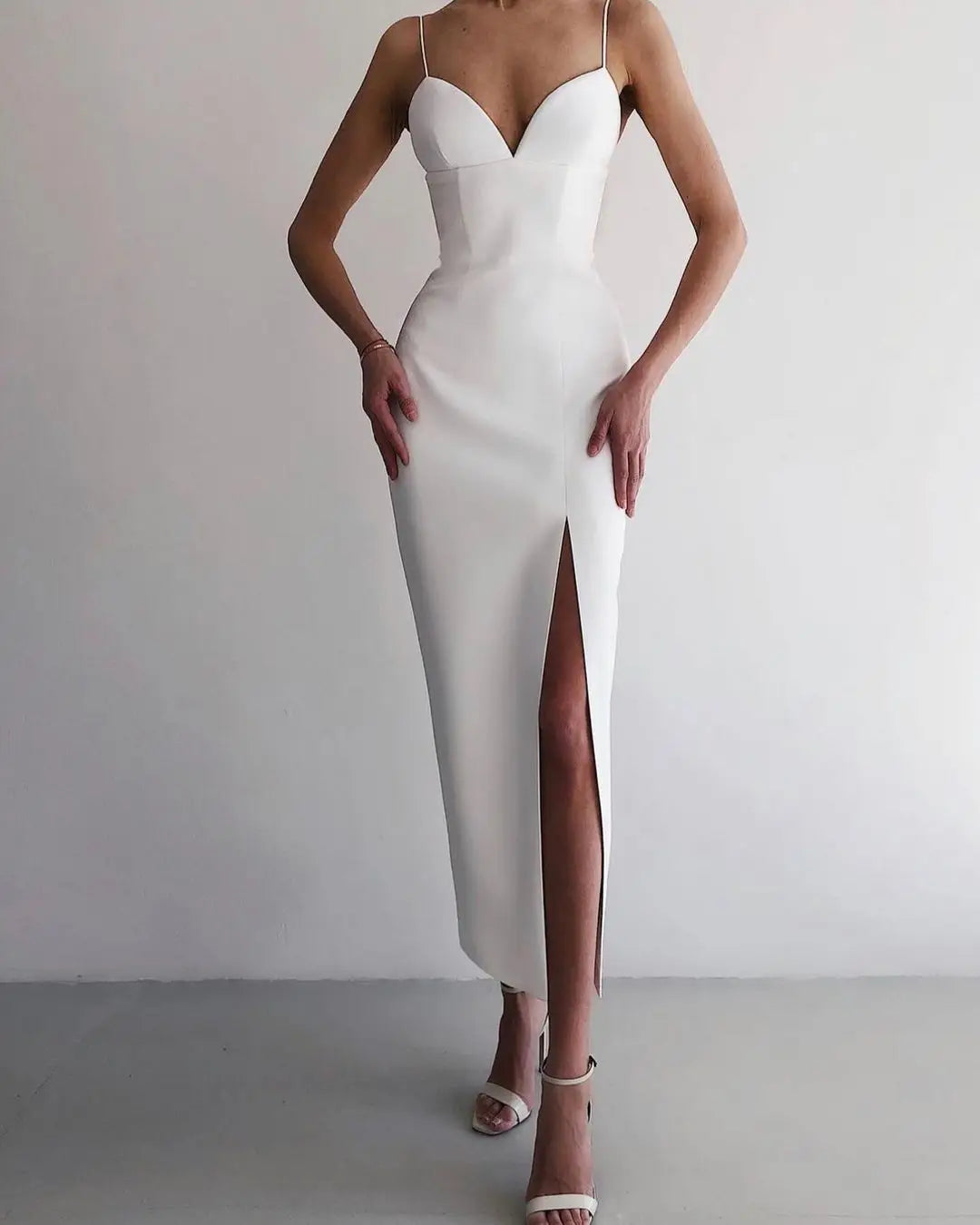 Graceful High Slit Bodycon Spaghetti Straps Corset Midi Dress