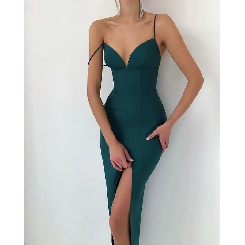 Graceful High Slit Bodycon Spaghetti Straps Corset Midi Dress