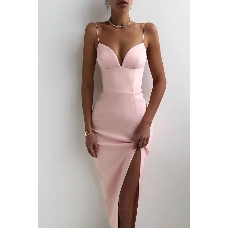 Graceful High Slit Bodycon Spaghetti Straps Corset Midi Dress