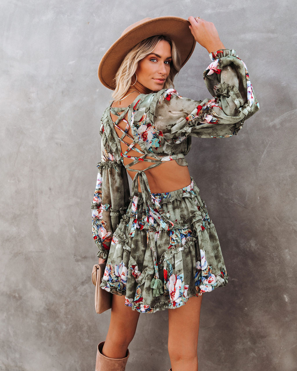 Zida Bloom Ruffle Tiered Cutout Dress Olive