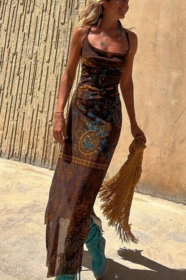 Exclusive Griselda Midi Dress with a Unique Gypsy Style Print, Cowl Neckline At the Back, Lace Up Fastening and Slit Evening Wear Edit