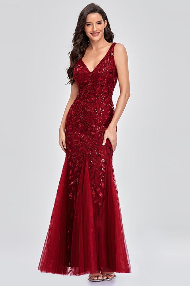V Neck Sheer Embroidered Sequin Chic Prom Dress