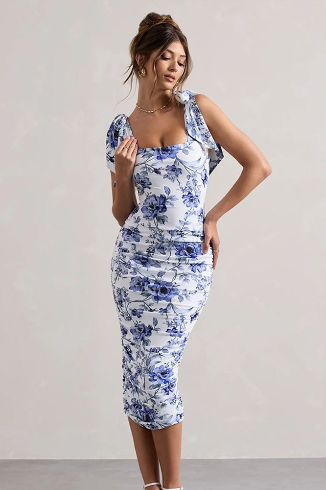 Classic Print Ruched Midi Dress