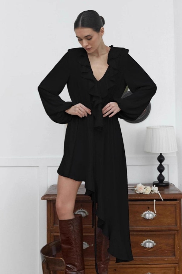 Ruffled Chiffon V Neck Midi Dress