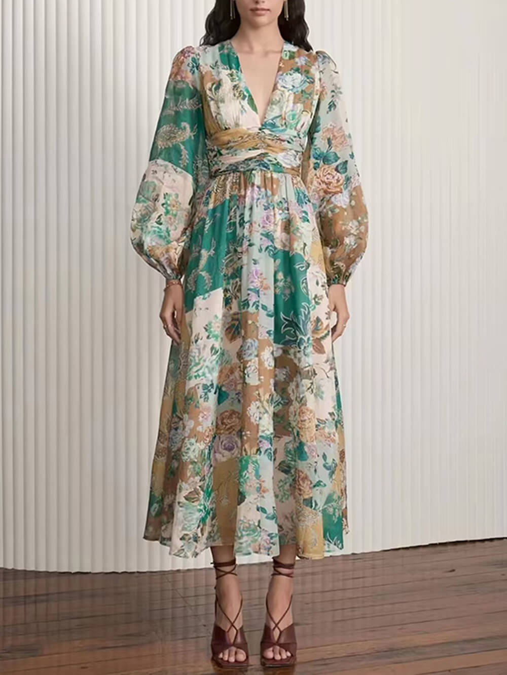 Painted Hand Printed V Neck Waist Midi Dress