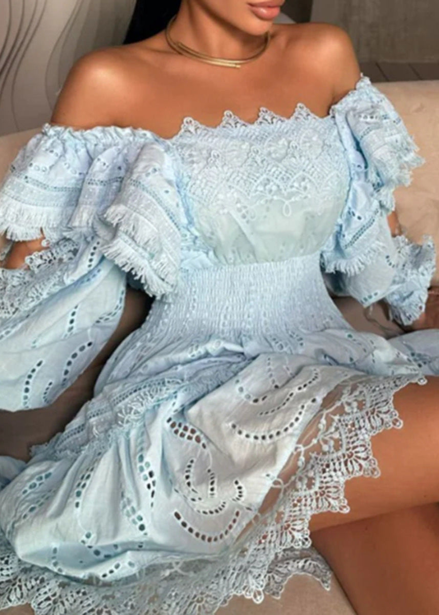 Broderie Seraphina Puff Sleeve Dress Blue Smocked A Line Mini