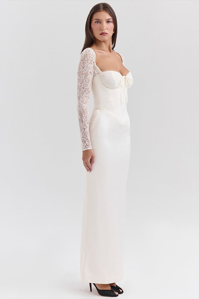 Extended Sleeve Lace Satin Maxi Dress