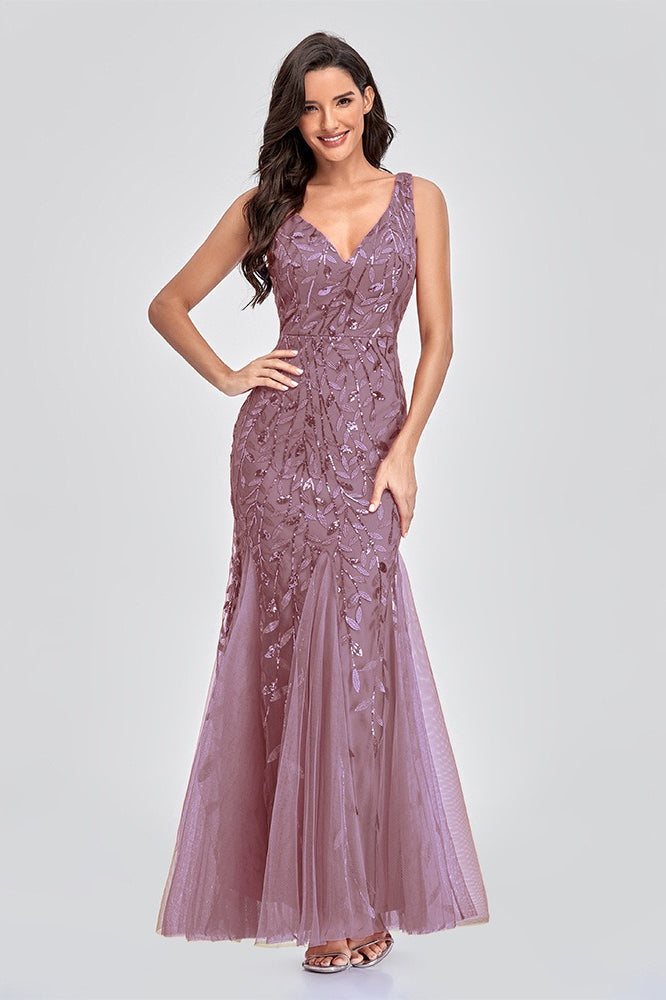 V Neck Sheer Embroidered Sequin Chic Prom Dress