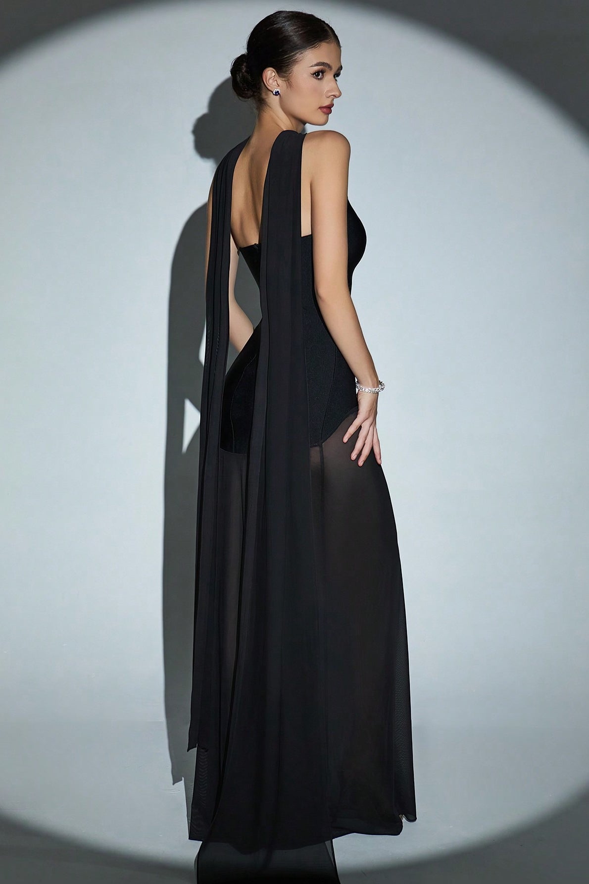 Draped Tie Chic Mesh Patch Tube Prom Dress