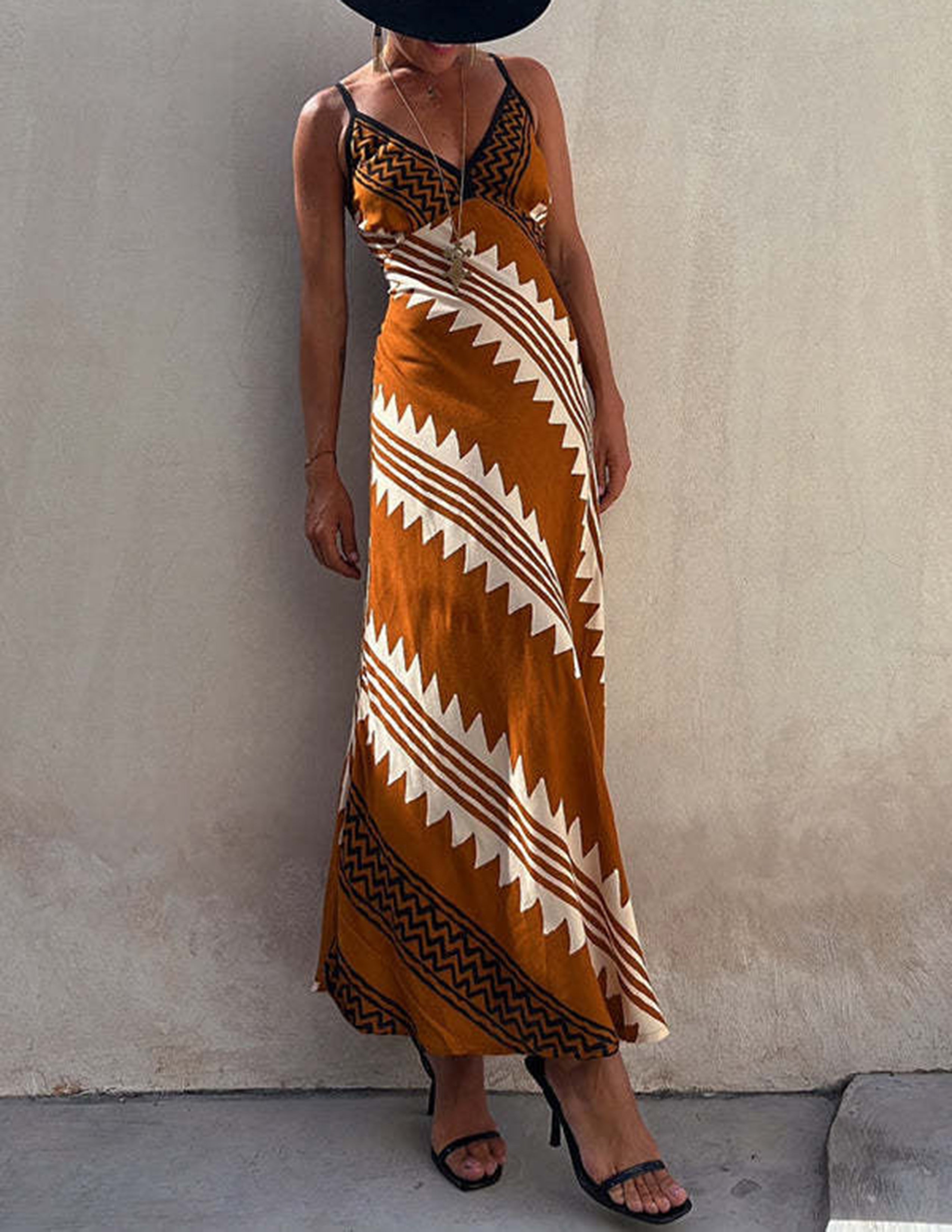 Melody Exclusive Satin Ethnic Print Smocked Back Midi Dress