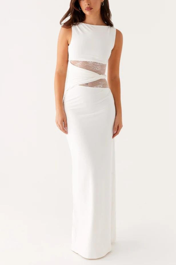 Shaped Sheer Lace Paneled Maxi Lace Dress