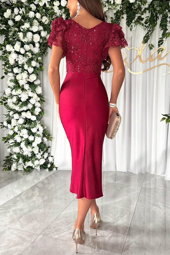 Elevated Romilly Dreamy, Luxurious Lace and Satin Ruffle Sleeve Patchwork Midi Dress Statement Occasion Edit