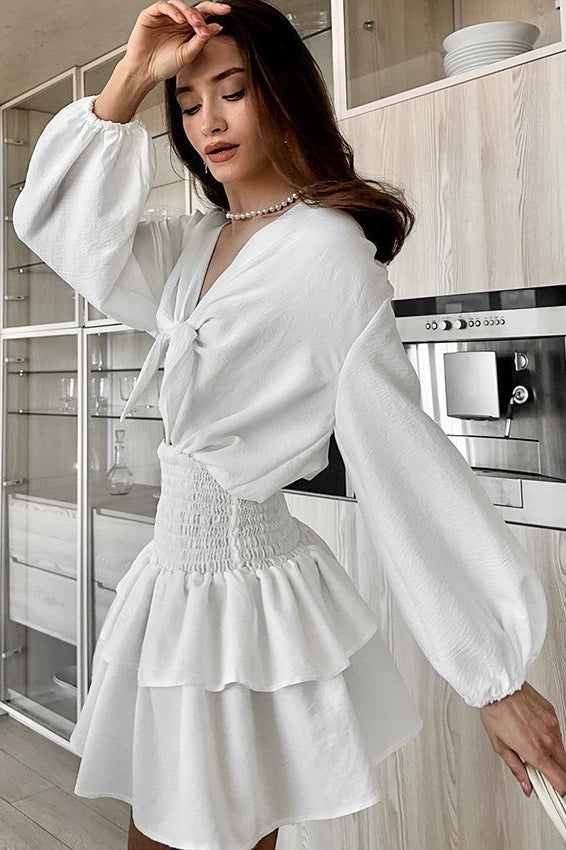 Front Tie White Long Sleeve Mini Dress