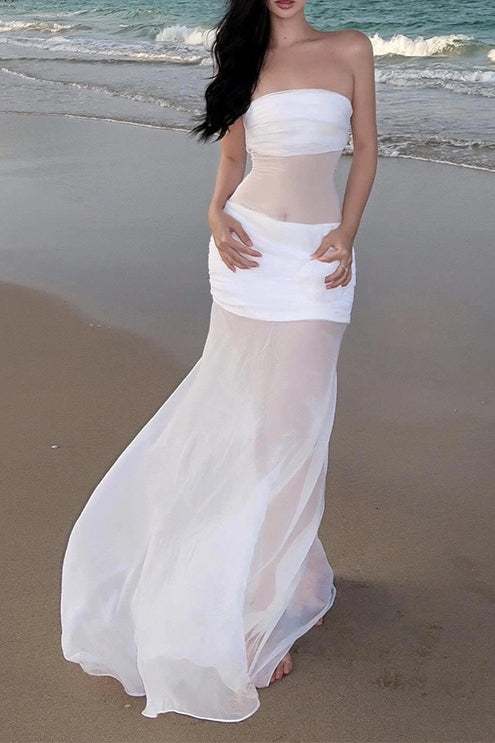 Glamorous Sheer Mesh Strapless Vacation Dress