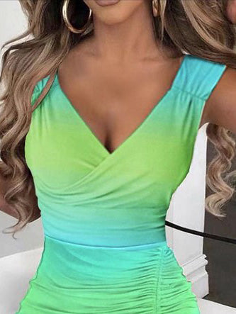 Dye Tie V Neck Drawstring Slit Slim Dress