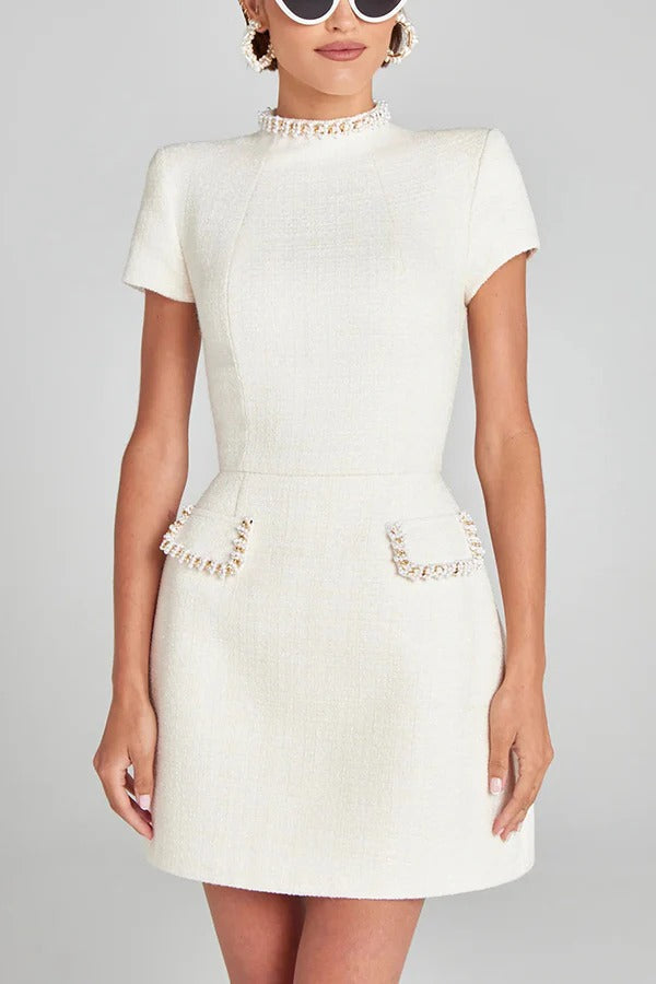 Timeless Leslie Exquisite and Playful Mini Dress Made of Tweed Fabric with Beaded Trim, Short Sleeves and Pockets Elevated Occasion Wear
