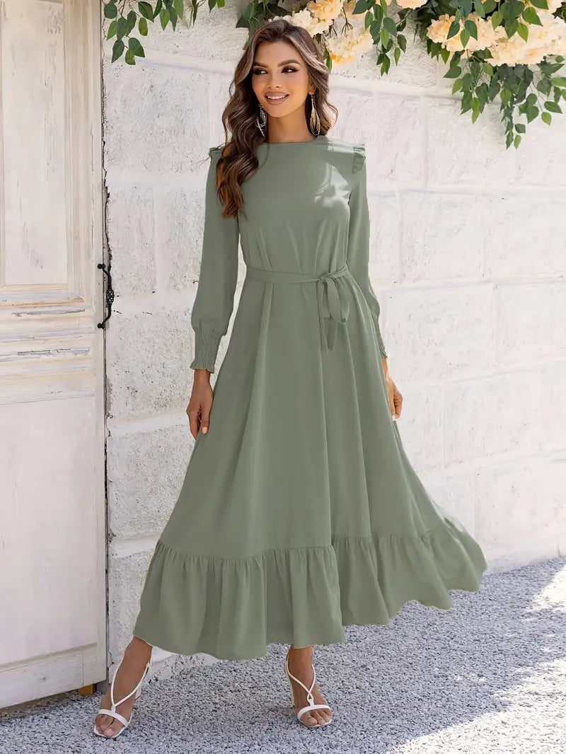 Elvia Minimalist Women's Belted and Flounced Maxi Dress Signature Edit