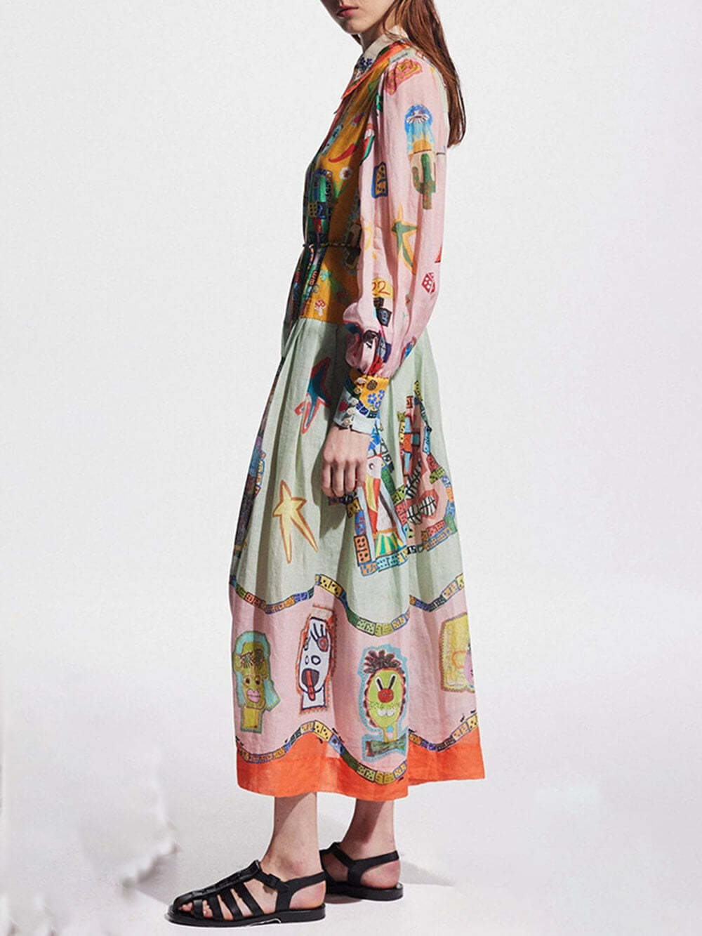 Print Unique Colorblock Balloon Sleeve Belt Shirt Midi Dress