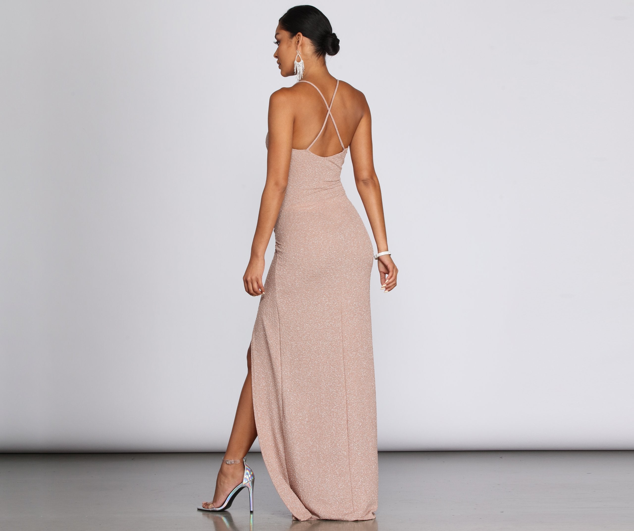 Leann Stylish High Slit Glitter Dress