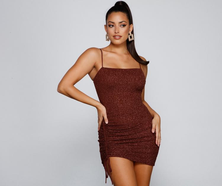 On Shine Ruched Glitter Mini Dress